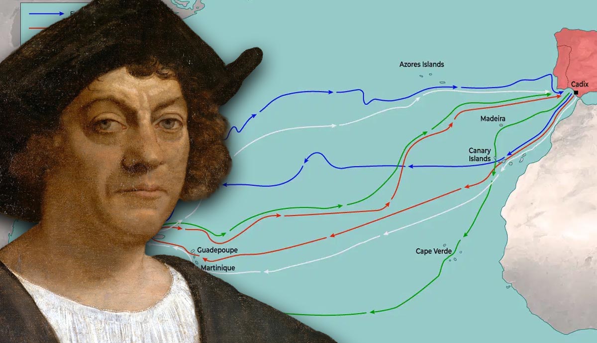 Christopher Columbus with map of voyages