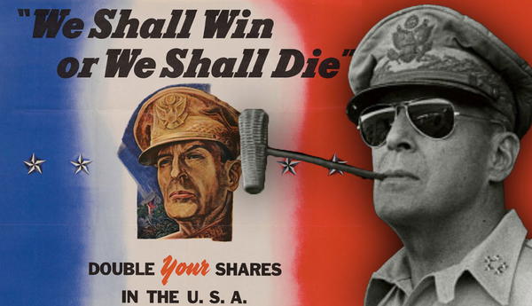 MacArthur with pipe and war bond poster
