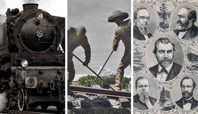 Vintage train, railroad construction, historical figures