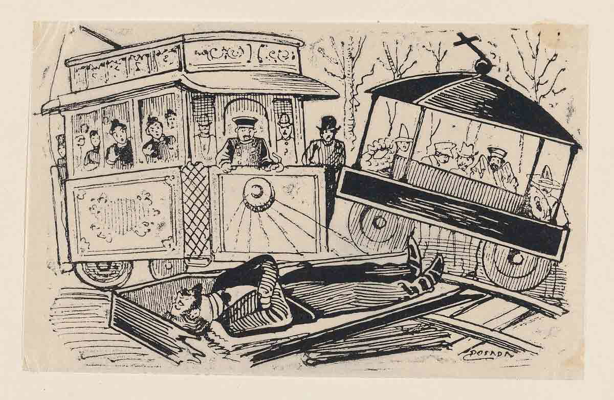 guadalupe posada collision trolley hearse drawing