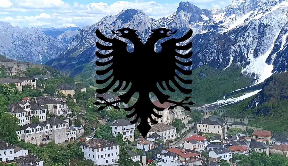 Albanian eagle over mountain town landscape