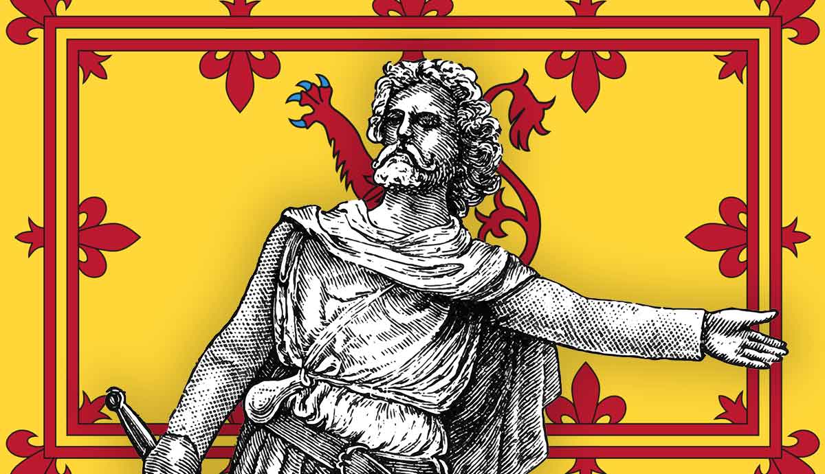 Scottish warrior illustration before Lion Rampant flag