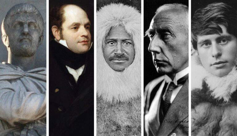 Five historical portraits: bust, paintings, photos