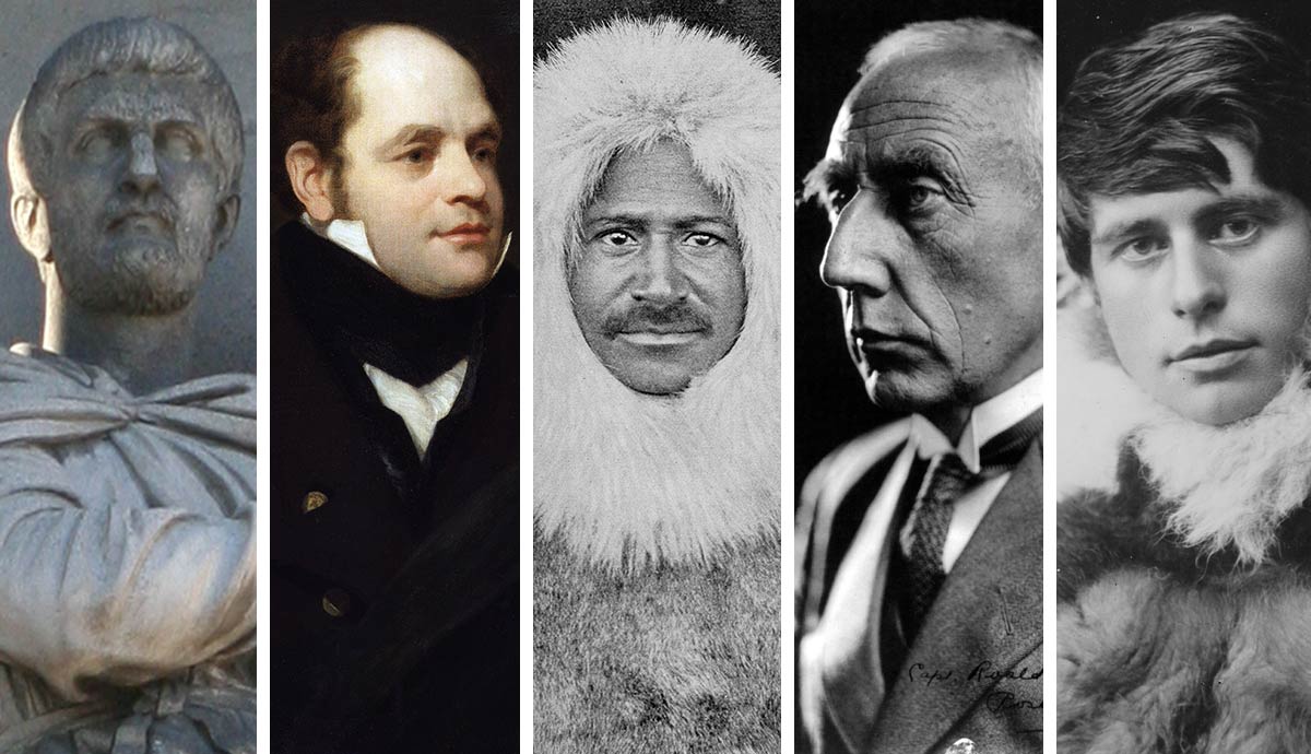 Five historical portraits: bust, paintings, photos