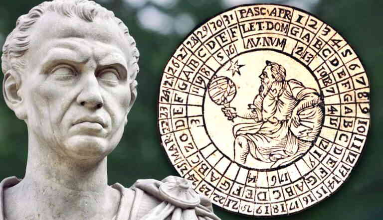 Julius Caesar statue with ancient Roman calendar