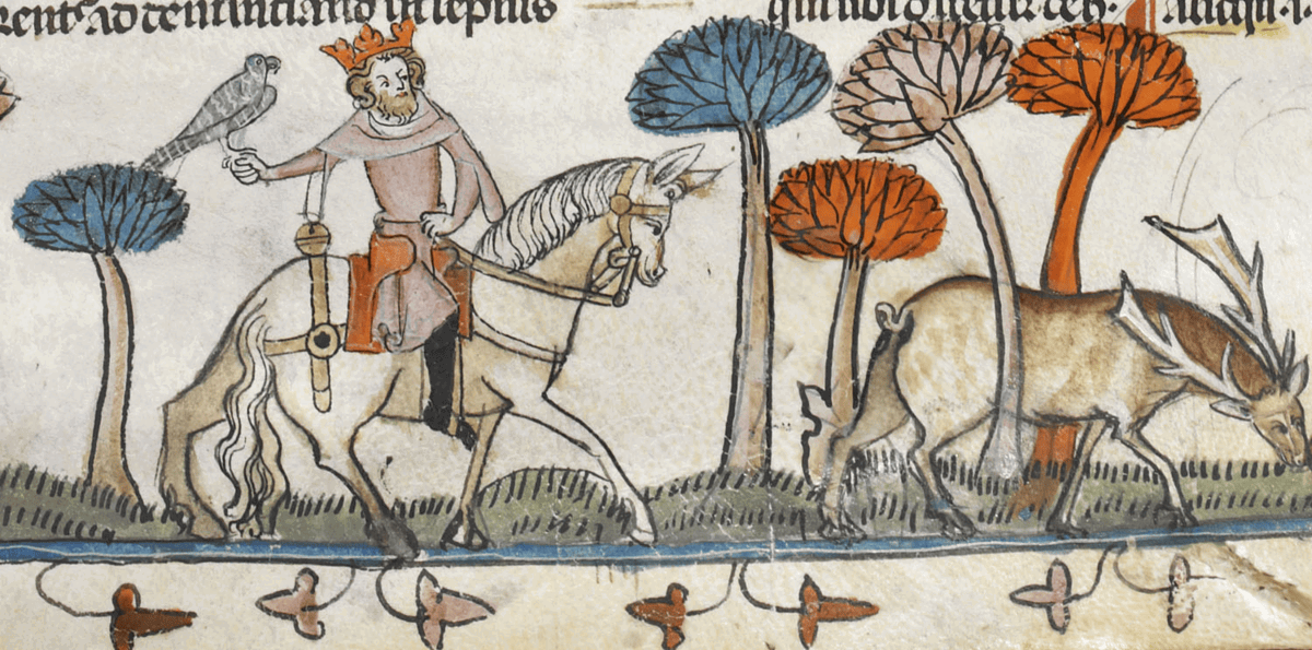 Detail of a bas-de-page scene of a mounted king, hawking, and a stag feeding, c. 1300-1340, Royal MS 10 E IV, f. 254r. Source: British Library