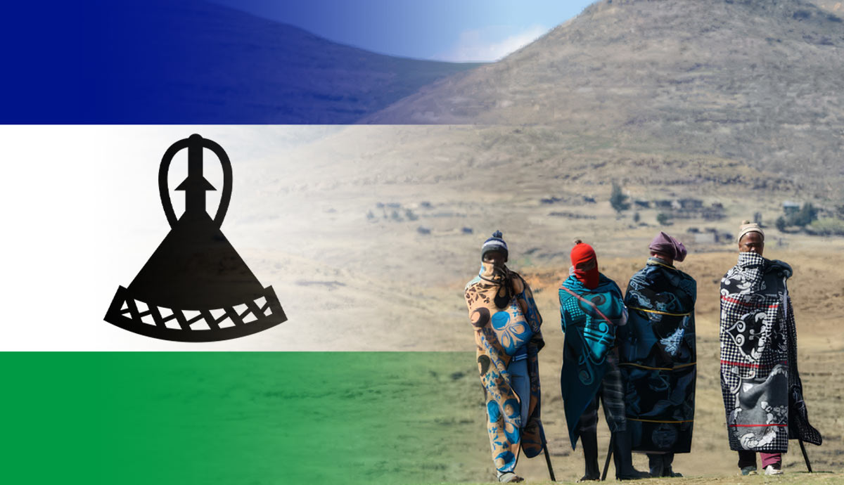 Flag and landscape of Lesotho with people