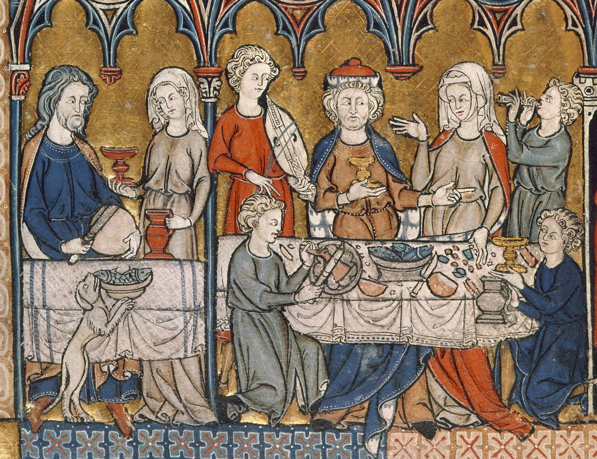 A medieval feast, France, 1290-1300, from Add MS 28162, f. 10v. Source: British Library