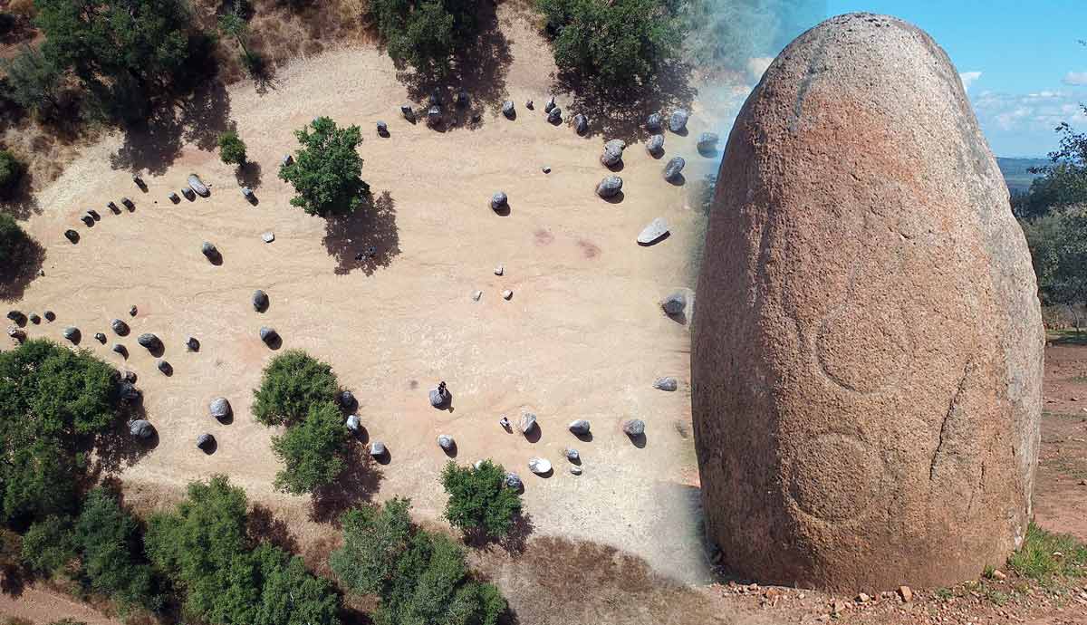 Cromeleque dos Almendres aerial and menhir