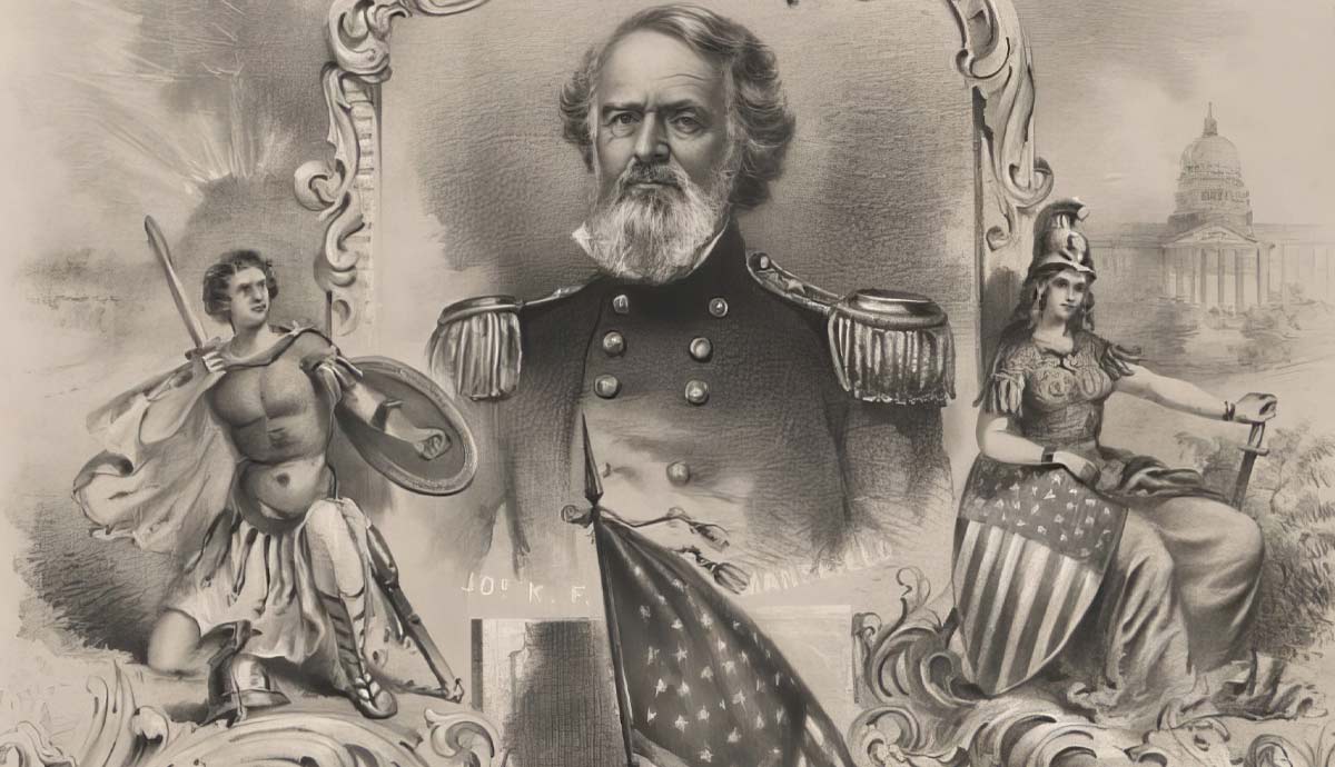 Portrait of Robert E. Lee with allegorical figures and American flag