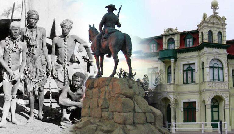 Enslaved people, rider statue, and historic building