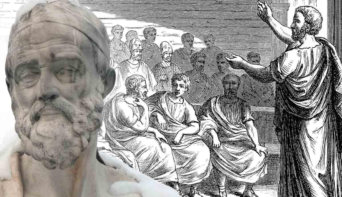Classical bust and ancient assembly scene