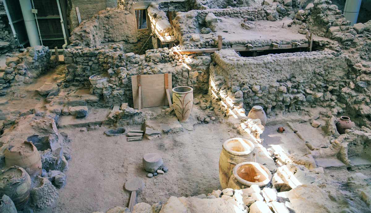 Ancient Akrotiri archaeological site ruins, Santorini