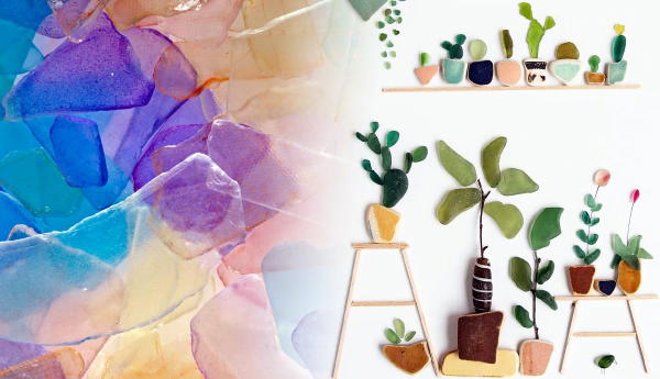Colorful sea glass art and potted plants