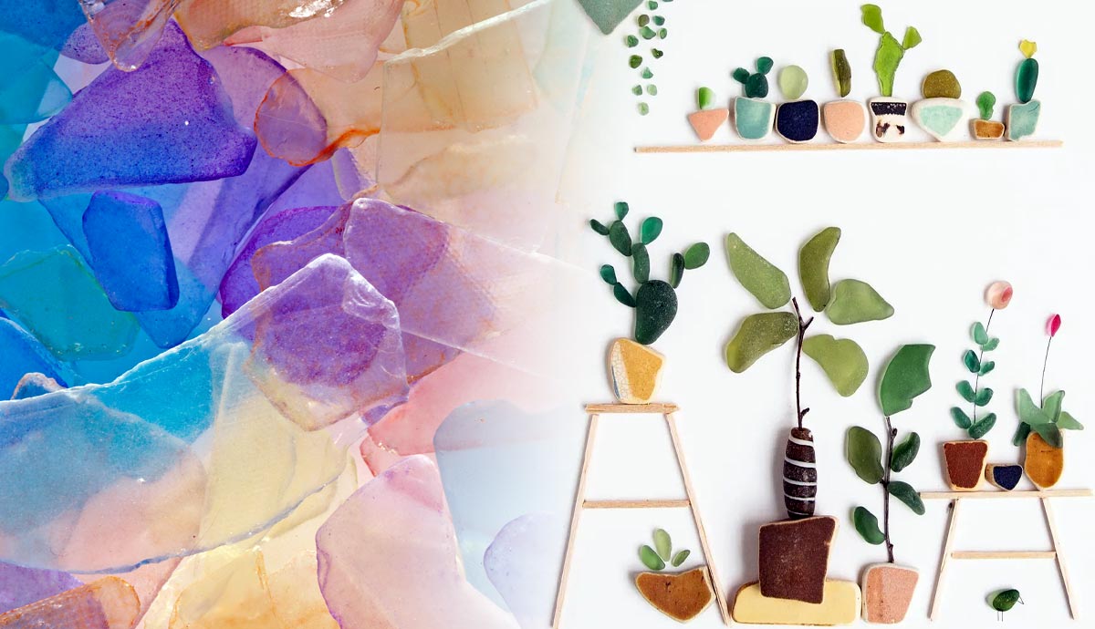 Colorful sea glass art and potted plants