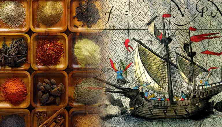 Spice trade goods with ship illustration