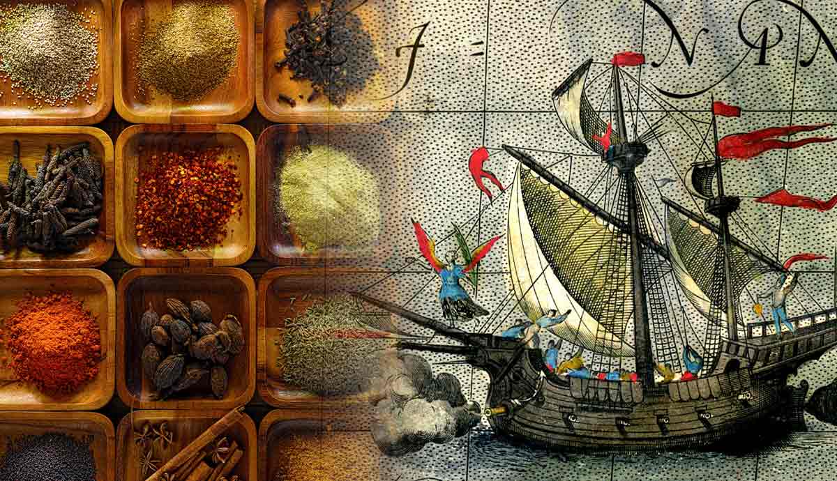 Spice trade goods with ship illustration 