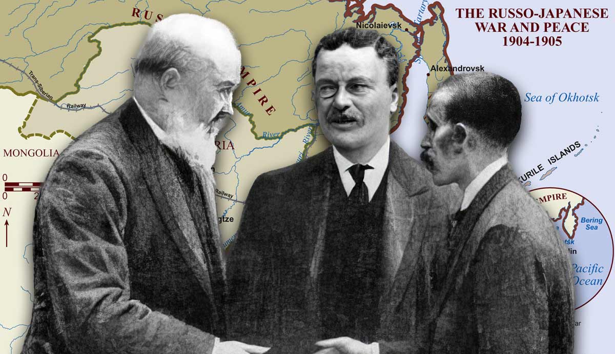 Russo-Japanese War negotiators in front of 1904-1905 map