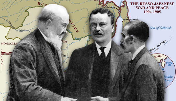 Russo-Japanese War negotiators in front of 1904-1905 map