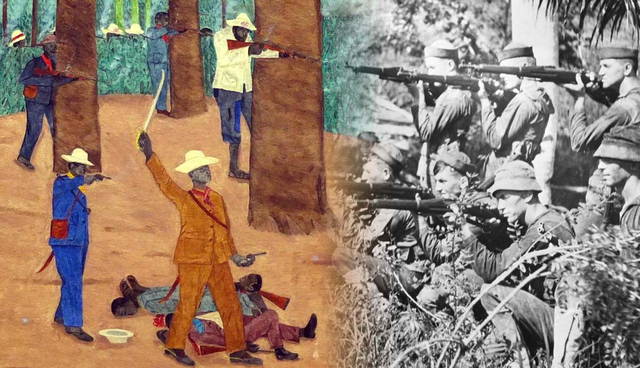 US Marines patrolling Haiti, 1915; Cacos battle painting, 1947