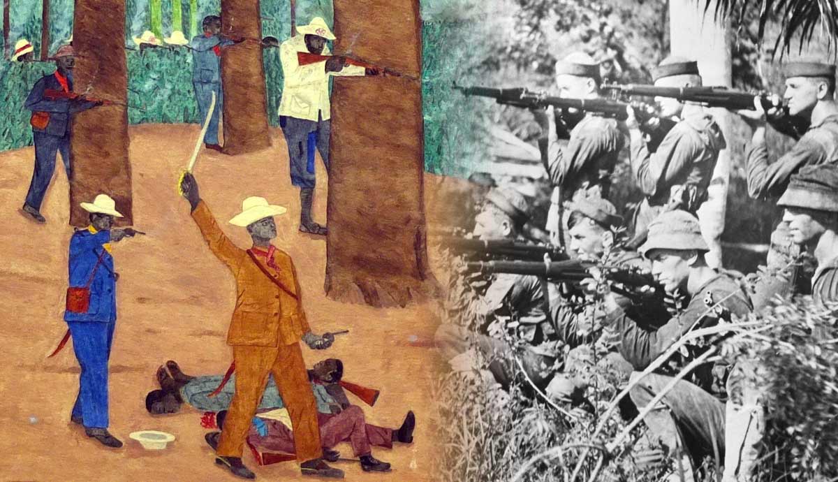 US Marines patrolling Haiti, 1915; Cacos battle painting, 1947