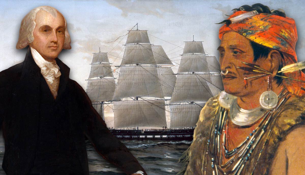 Tenskwatawa portrait; USS Chesapeake ship; James Madison portrait