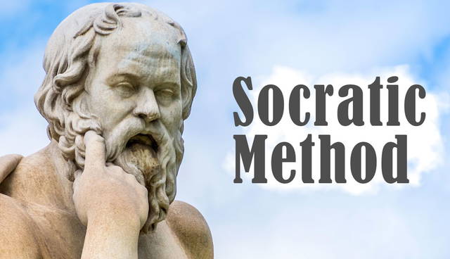 Socrates statue and Socratic Method text.