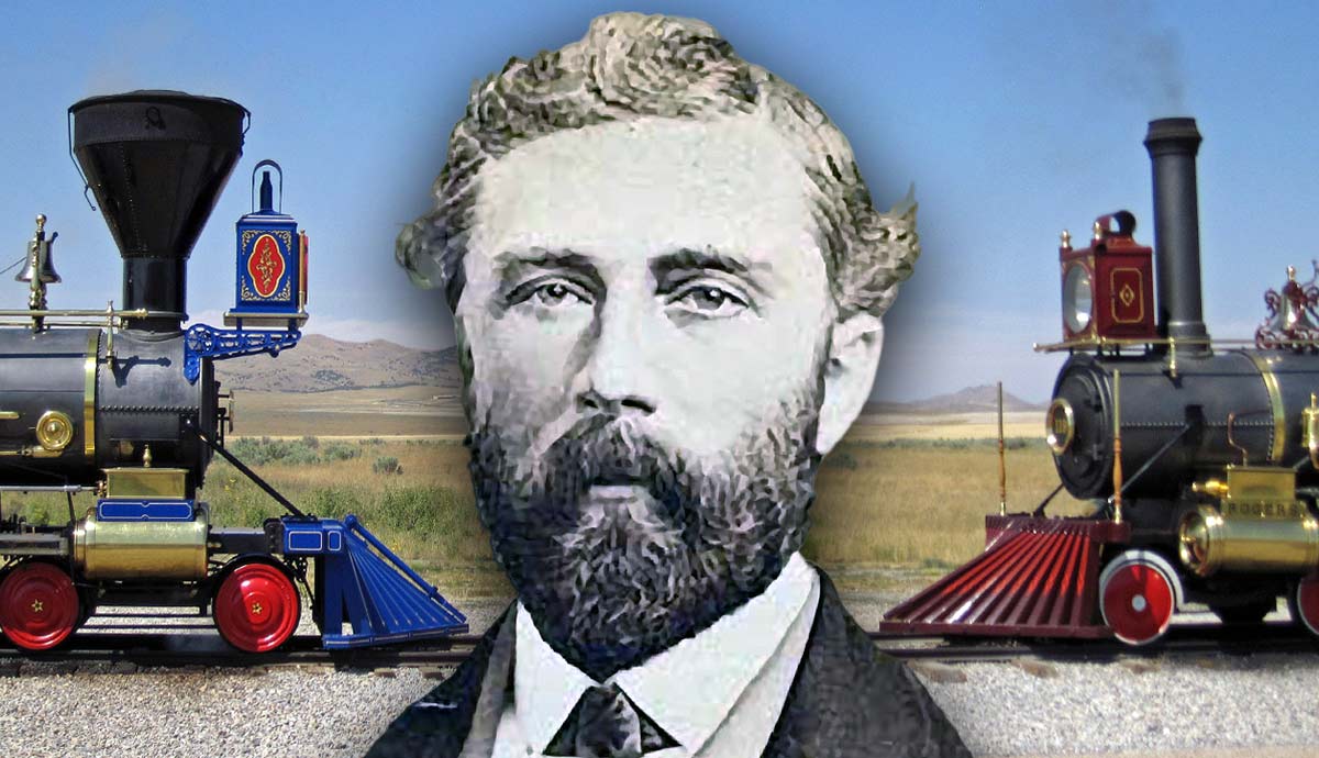 Golden Spike locomotives and portrait of Judah