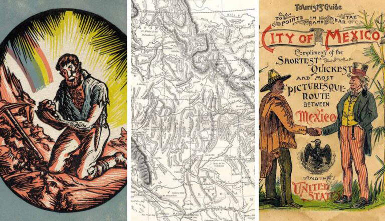 Western states map 1865; California gold illustration; Mexico-US tourist guide 1890