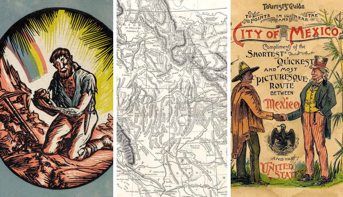 Western states map 1865; California gold illustration; Mexico-US tourist guide 1890