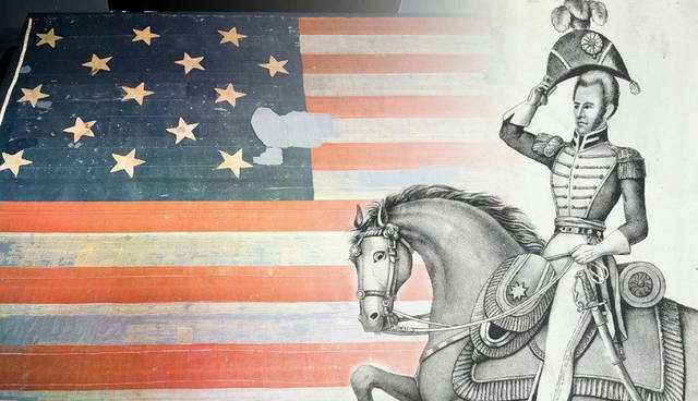 Andrew Jackson on horseback; Star-Spangled Banner display