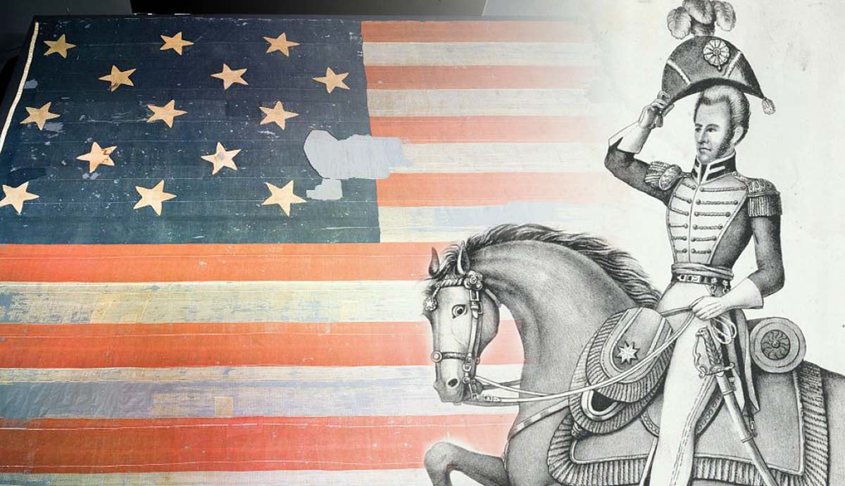 Andrew Jackson on horseback; Star-Spangled Banner display
