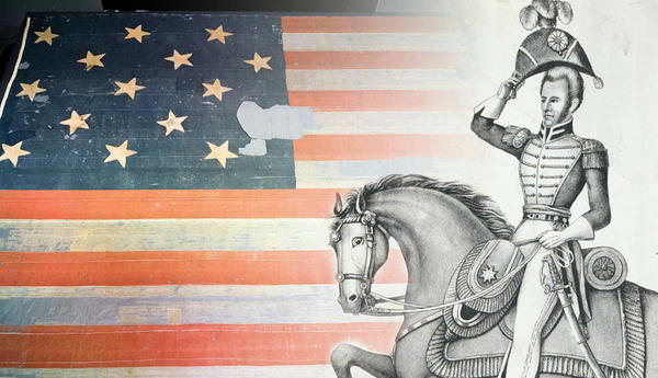 Andrew Jackson on horseback; Star-Spangled Banner display