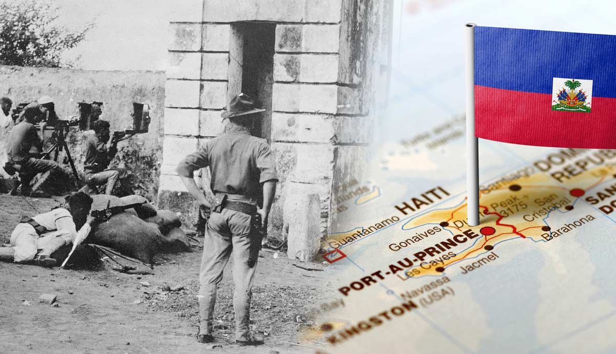 American Marines in Cap-Haïtien; Haiti map and flag