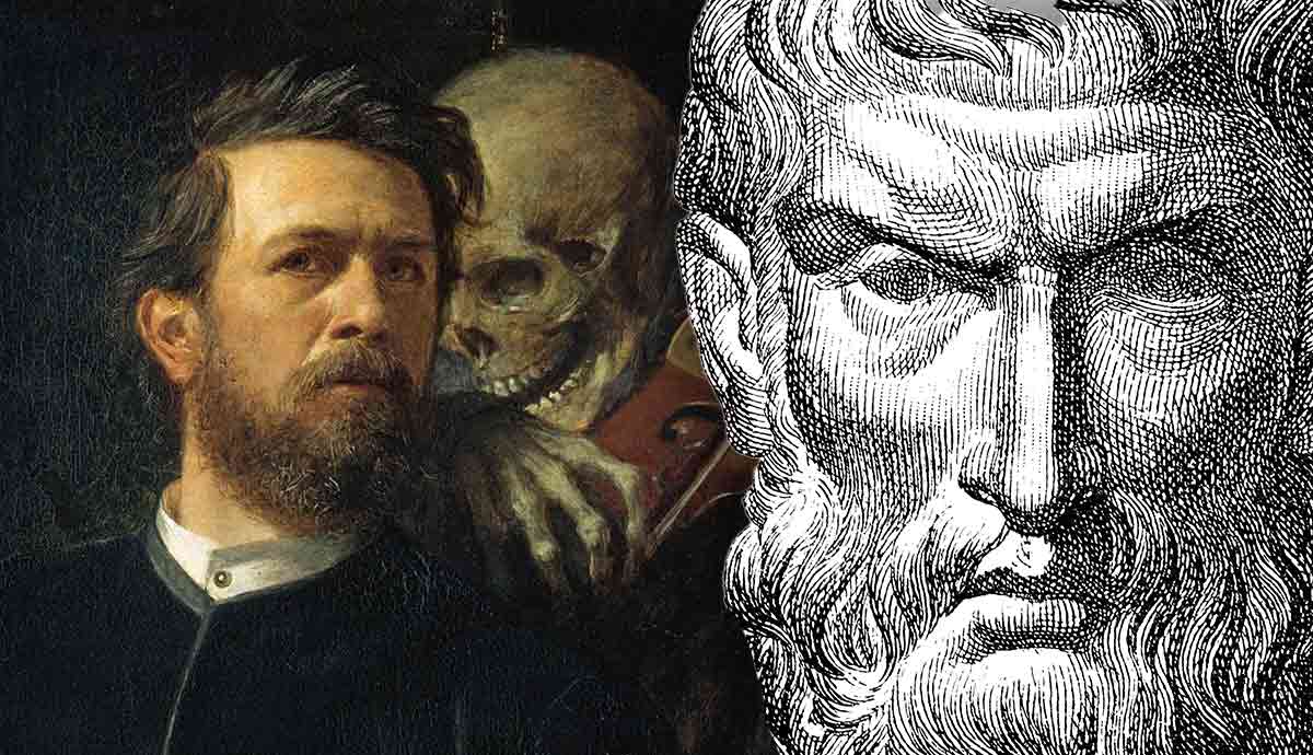 Böcklin with Death and Epicurus engraving