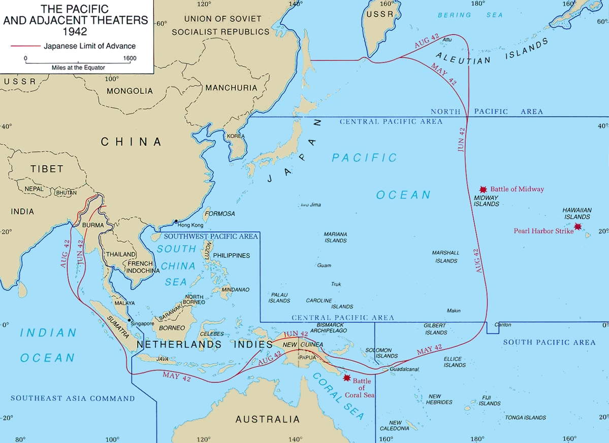 Map showing Japanese control of the western Pacific area between May and August 1942