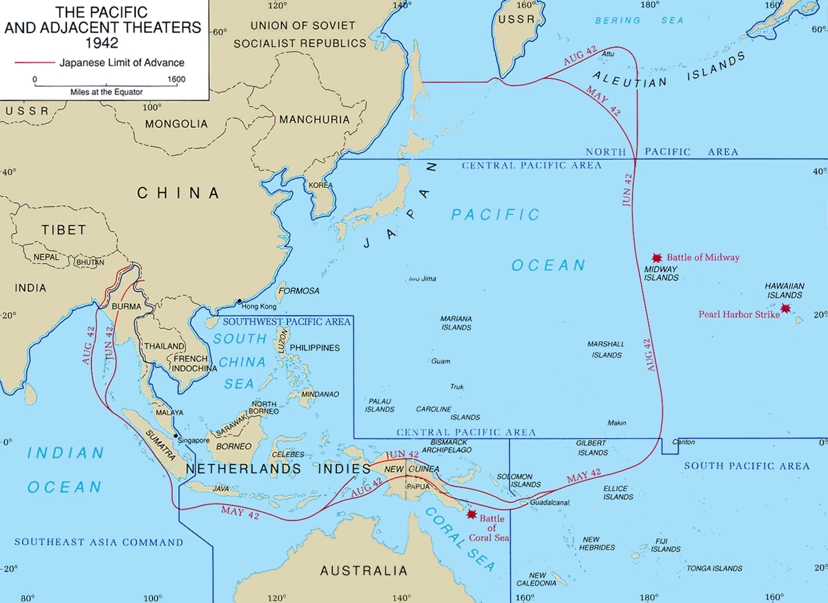 Map showing Japanese control of the western Pacific area between May and August 1942