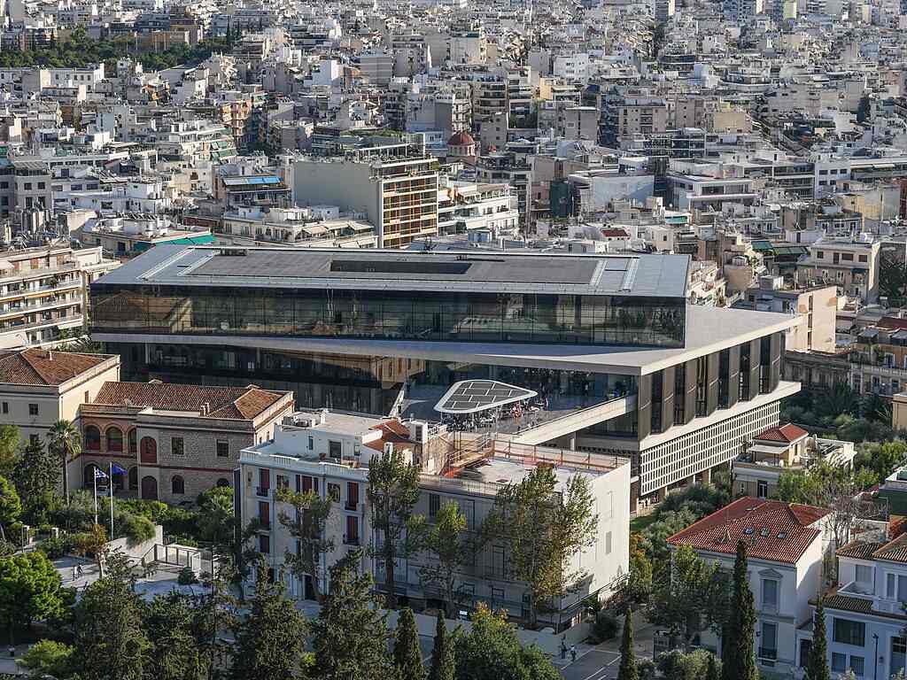 Acropolis Museum as seen from the top of the Acropolis hill, Athens.