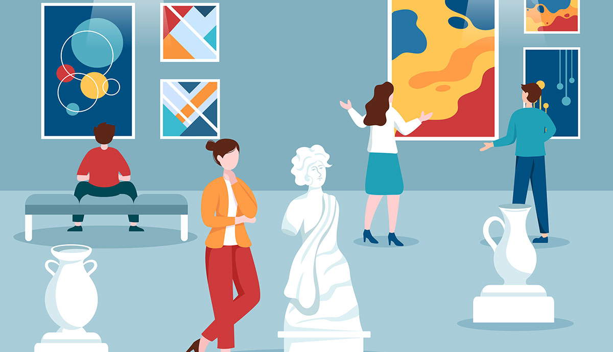 Art gallery visitors viewing paintings, sculptures