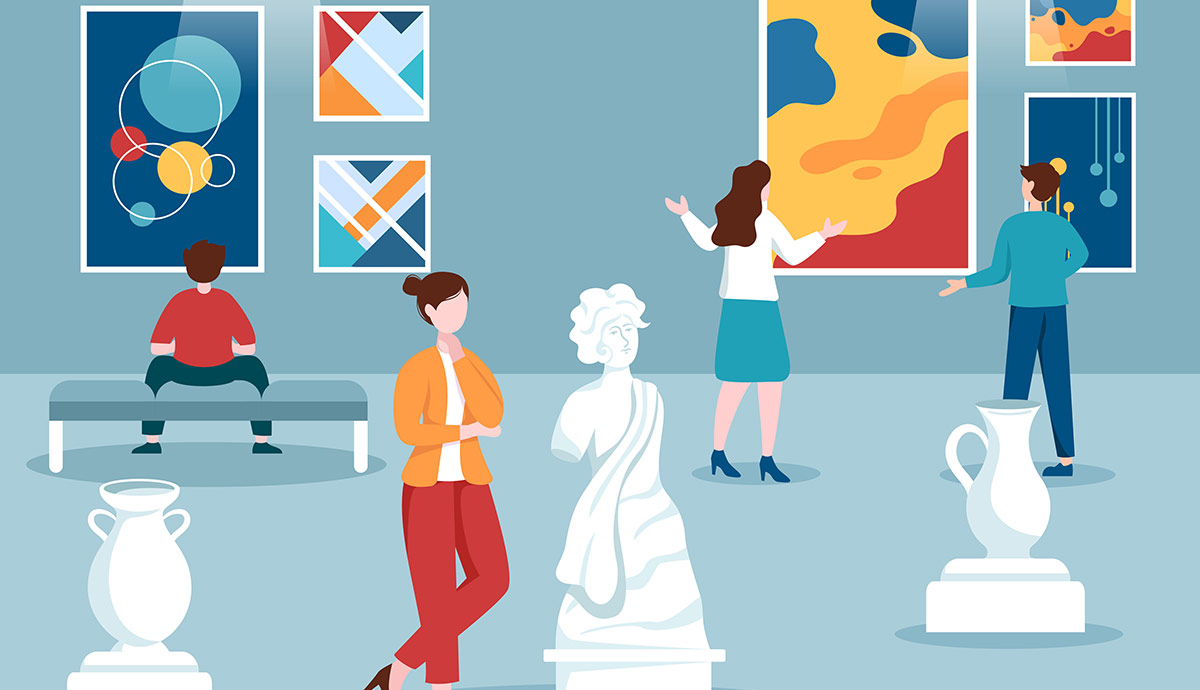 Art gallery visitors viewing paintings, sculptures