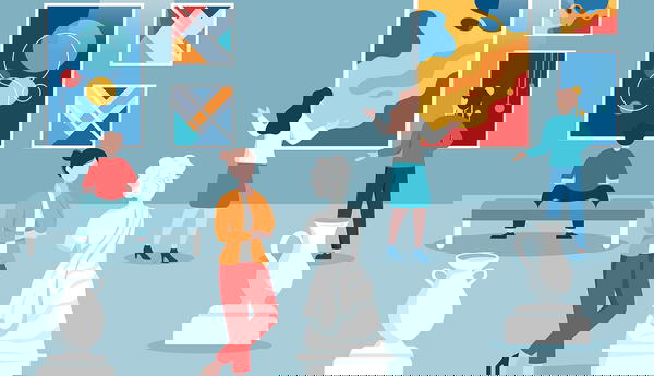 Art gallery visitors viewing paintings, sculptures