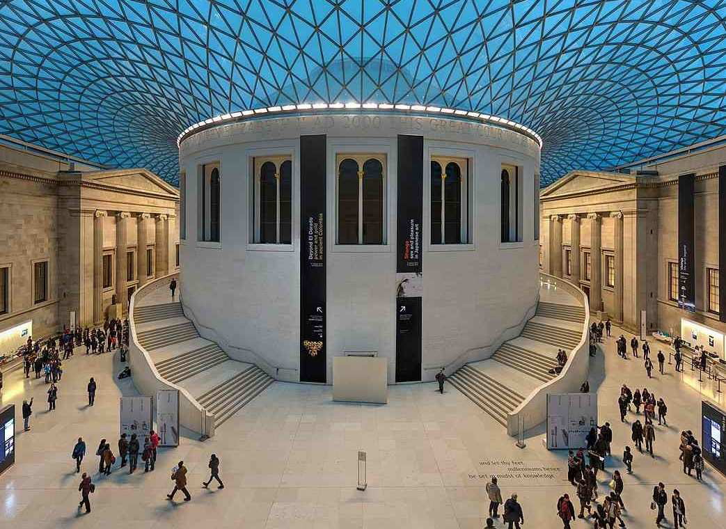 The British Museum’s Great Court in London with its glass ceiling and central reading room.