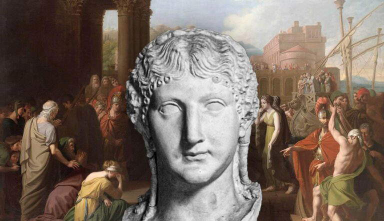 Marble bust of Julia Drusilla over ancient Roman crowd painting