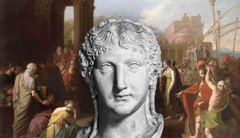 Marble bust of Julia Drusilla over ancient Roman crowd painting
