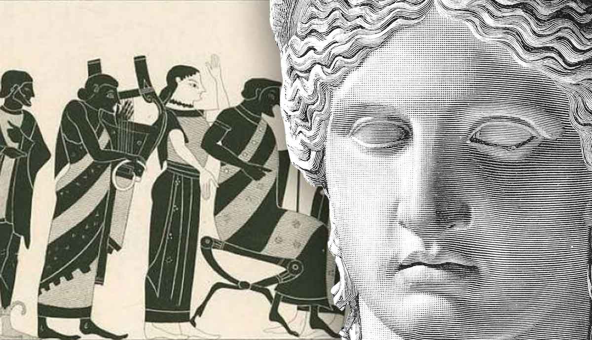 Ancient Greek art depicting figures and bust