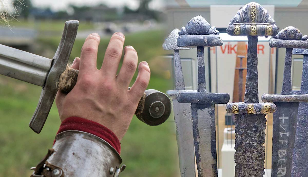 A re-enactor and his sword; swords held on display