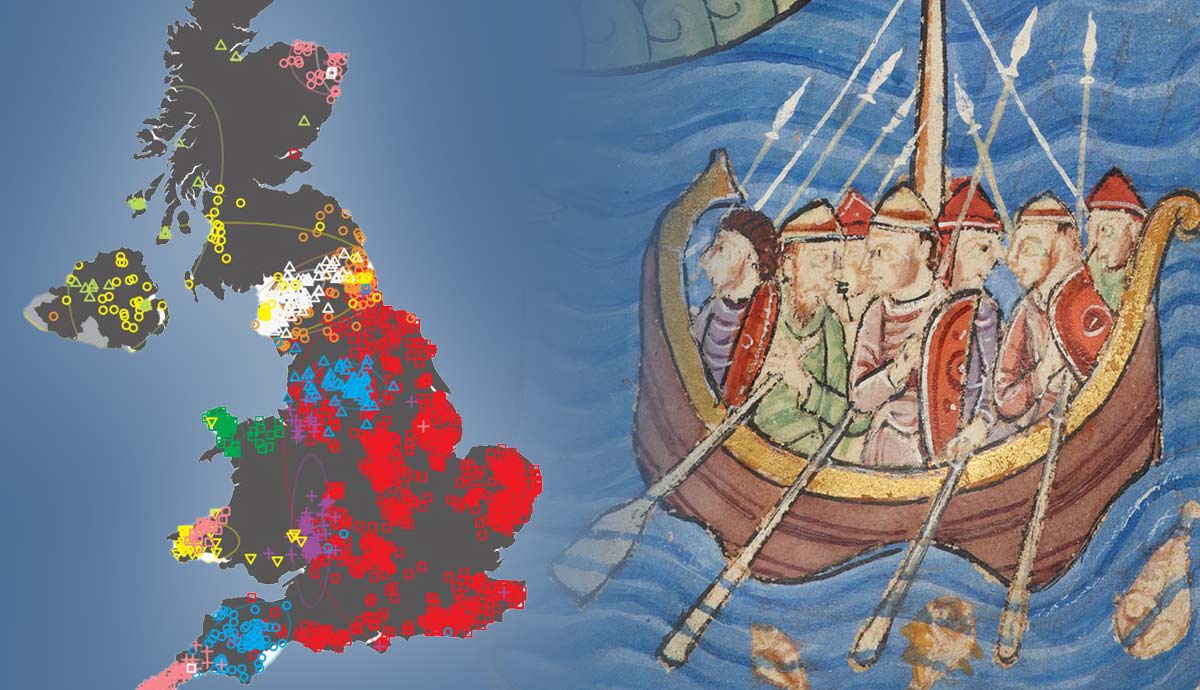 a map of Great Britain with a depiction of a Viking longship