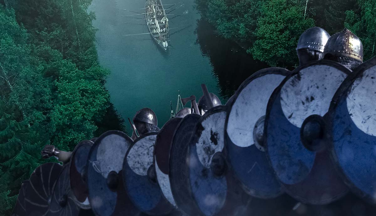 Viking warriors with shields and longship on river