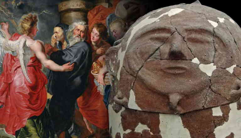 Painting and cracked stone head juxtaposed