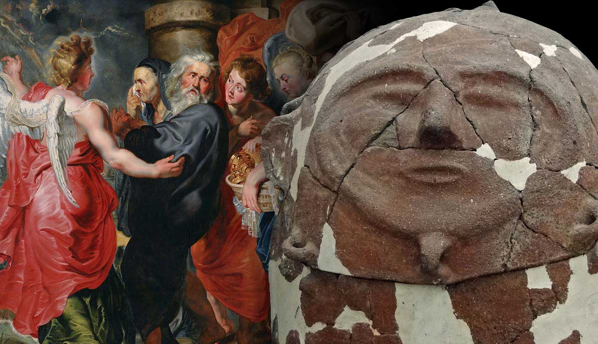 Painting and cracked stone head juxtaposed